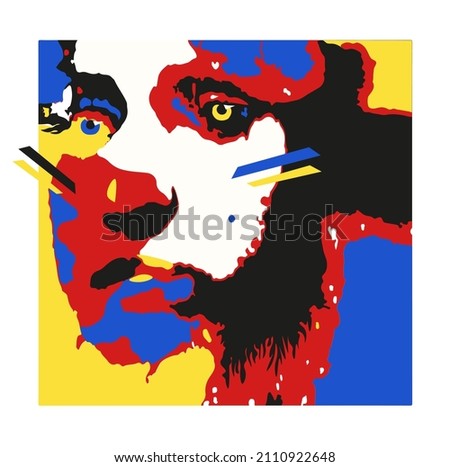 Vector flat illustration in pop art style with abstract elements, face and bird, lines, flame and shadows. Contemporary postmodern art.