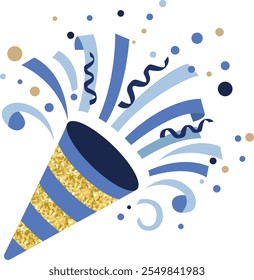 Vector flat illustration of Popper striped cone with confetti, holiday party firecracker. A festive, celebratory atmosphere. In blue and gold colors 