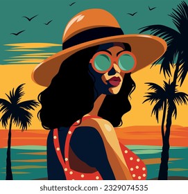 Retrato vectorial de ilustración plana de una hermosa afro negra en gafas, relajándose en vacaciones, nadando y tomando el sol en la piscina mar océano palmeras de sol palmeras trópico turístico exótico