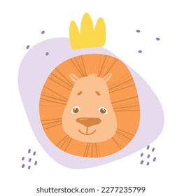 Vector flat illustration portrait of a cute lion with a crown. Drawn by hand. Isolated on a white background.