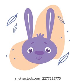 Vector flat illustration portrait of a kind purple bunny . Drawn by hand. Isolated on a white background.