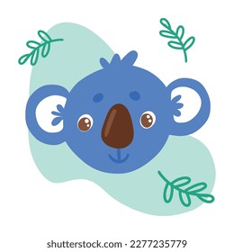 Vector flat illustration portrait of a kind koala with leaves. Drawn by hand. Isolated on a white background.