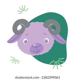 Vector flat illustration portrait of a kind lamb with horns. Drawn by hand. Isolated on a white background.