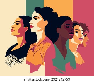 Vector flat illustration postcard banner poster International Women's Day women of different cultures and nationalities stand side by side together. Vector concept of movement for gender equality