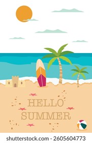 Vector flat illustration. Poster with sea and beach. Relaxation concept. Perfect for summer sales.