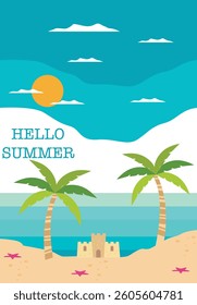 Vector flat illustration. Poster with sea and beach. Relaxation concept. Perfect for summer sales.