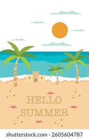 Vector flat illustration. Poster with sea and beach. Relaxation concept. Perfect for summer sales.
