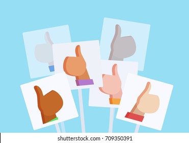 Vector flat illustration with posters with likes. People of different nationalities. Illustration for your creativity