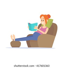 Vector flat illustration of a pregnant redhead young woman sitting in a chair, propped by a pillow, reading a book.