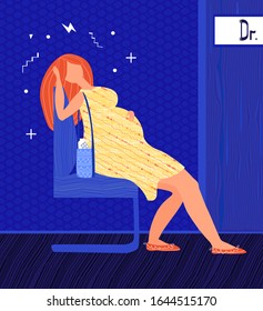 Vector flat illustration with pregnant woman at doctor s appointment. She is not feeling well, she has a headache, dizziness, nausea. Concept treatment of pregnant women, obstetrics and gynecology.  