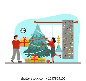 Vector flat illustration preparing for the new year. New year, Christmas. The decoration of the Christmas tree. Gifts under the tree. Family at home for Christmas. preparation of gifts. House interior