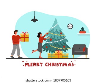 Vector flat illustration preparing for the new year. New year, Christmas. The decoration of the Christmas tree. Gifts under the tree. Family at home for Christmas. preparation of gifts. House interior