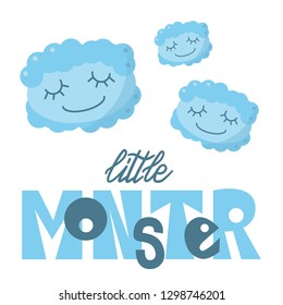 Vector flat illustration with pretty dreamy monster and hand lettering "little monster"