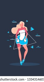Vector flat illustration with pretty sexy female dancing on the floor wearing a short skirt and having the light dropping on her body from above. Vector illustration File