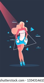 Vector flat illustration with pretty sexy female dancing on the floor wearing a short skirt and having the light dropping on her body from above. Vector illustration File