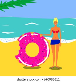 Vector flat illustration. Pretty young girl on a beach near the sea in swimsuit with a swim ring donut.