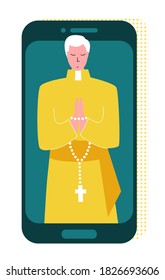 El sacerdote de ilustración plana vectorial que reza por la Biblia en línea Concept Church y Liturgy en línea. Se puede usar en diseño web, banners, etc.