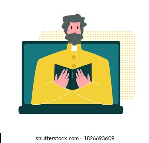 El sacerdote de ilustración plana vectorial que reza por la Biblia en línea Concept Church y Liturgy en línea. Se puede usar en diseño web, banners, etc.