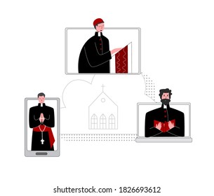 El sacerdote de ilustración plana vectorial que reza por la Biblia en línea Concept Church y Liturgy en línea. Se puede usar en diseño web, banners, etc.