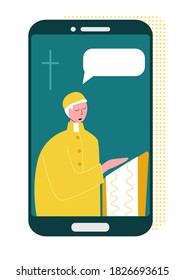 El sacerdote de ilustración plana vectorial que reza por la Biblia en línea Concept Church y Liturgy en línea. Se puede usar en diseño web, banners, etc.