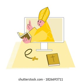 El sacerdote de ilustración plana vectorial que reza por la Biblia en línea Concept Church y Liturgy en línea. Se puede usar en diseño web, banners, etc.