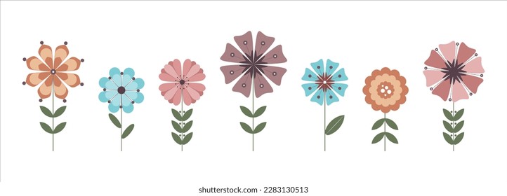 Vector flat illustration primitive flowers. Isolated flowers in a pot on a white background. Border with vector flowers