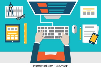 Vector flat illustration of process coding and programming mobile applications for devices. Design and programming - vector illustration