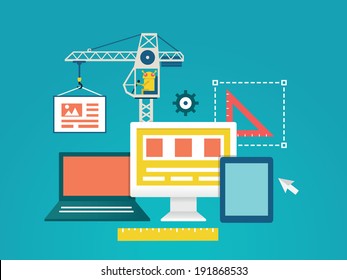 Vector flat illustration of process coding and programming mobile applications for devices. Design and programming - vector illustration