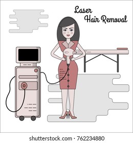 Vector flat illustration of the process of laser hair removal. Equipment and accessories for electro, photo and laser hair removal