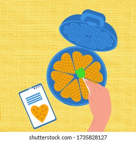 Vector flat illustration of process making waffles according to recipe from Internet. Concept cooking at home using recipes from mobile devices.