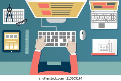 Vector flat illustration of process programming and coding. Web development and equipment - vector illustration