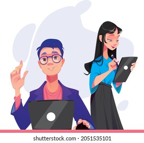  Vector Flat Illustration Programmer and graphic designer characters create website man with laptop and woman with tablet 