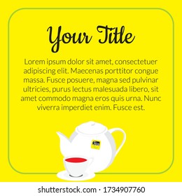 Ilustración plana vectorial y plantilla de publicación/cita con tetera y taza con texto, marco verde y fondo amarillo