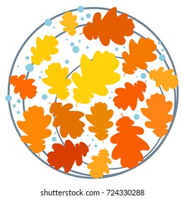 Vector flat illustration of a puddle with colorful oak leaves and bubbles. Element for design. Autumn design.