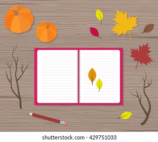 Vector flat illustration with pumpkins, leaves, brunches. Elements for design. Orange, red, pink, yellow, brown, white colors.