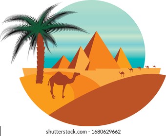 Vector flat illustration of pyramids and oasis in Arabian desert with camels. Camel flock next to Egyptian pyramids. Oasis with camels and palm tree. Camel caravan. Symbol of Egypt. 