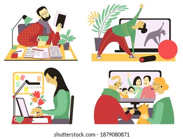 Vector flat illustration. Quarantined people in isolation. Men and women are engaged in work, creativity, gymnastics, communicate with relatives at a distance, staying at home.