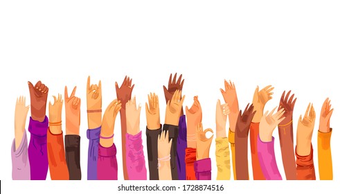 Vector flat illustration of raised up human hands, multiracial. Concept of education, business training, volunteers, voting - raised hands in croud, isolated