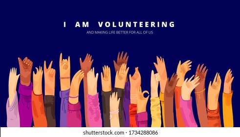 Vector flat illustration of raised up human hands, multiracial. Concept of education, business training, volunteers, voting - raised hands in croud, isolated