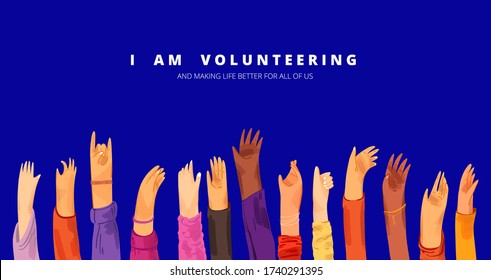 Vector flat illustration of raised up human hands, multiracial. Concept of education, business training, volunteers, voting - raised hands in croud, isolated