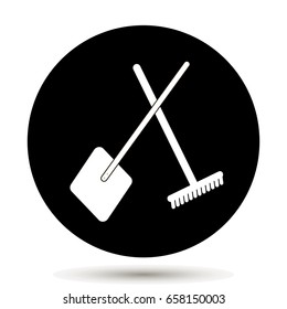 Vector flat illustration of a rake and a shovel. Symbol of the village, the land, the garden. farm, on black background