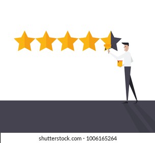 Vector flat illustration, rating, is given a score of five stars, business graphics, businessman colors in yellow star, is awarded the highest score