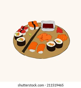 Vector flat illustration of raw or fried sushi like asian sashimi, temaki, american uramaki, makizushi, inarizushi, togu. With wooden chopstick, fogu fish,wasabi, sause, vinegar on the plate or paddle