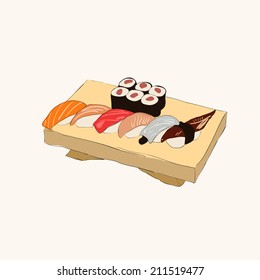 Vector flat illustration of raw or fried sushi like asian sashimi, temaki, american uramaki, makizushi, inarizushi, togu, fogu wrapped in leaf.With wasabi, sause,shrimp, vinegar on the plate or paddle