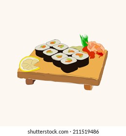 Vector flat illustration of raw or fried sushi like asian sashimi, temaki, american uramaki, makizushi, inarizushi, togu, fogu wrapped in leaf.With wasabi, sause,shrimp, vinegar on the plate or paddle