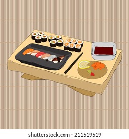 Vector flat illustration of raw or fried sushi like asian sashimi, temaki, american uramaki, makizushi, inarizushi, togu, fogu wrapped in leaf.With wasabi, sause,shrimp, vinegar on the plate or paddle