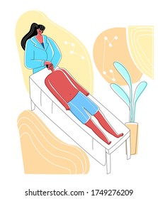 Vector flat illustration reception of osteopath in office. Image shows process manual treatment patient s head, neck region. Concept alternative medicine, osteopathy, and chiropractic.