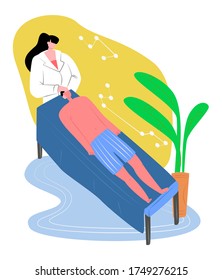 Vector flat illustration reception of osteopath in office. Image shows process manual treatment patient s head, neck region. Concept alternative medicine, osteopathy, and chiropractic.