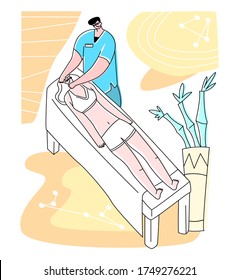 Vector flat illustration reception of osteopath in office. Image shows process manual treatment patient s head, neck region. Concept alternative medicine, osteopathy, and chiropractic.