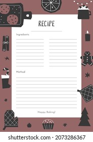 Vector flat illustration for recipe. List is decorated by tasty gingerbread cookies, orange, star anise and cacao mug on table. White sheet to write ingredients and method. Geometric elements